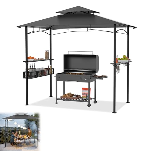 YRHome 2.4x1.5m Grillpavillon Grau BBQ Grillüberdachung mit Doppeldach, 2 Seitenregalen Metallkorb & Haken Wetterfeste Gartenlaube BBQ-Gazebo-Überdachung für Außengrill Party Grillunterstand von YRHome