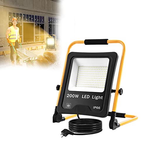 YRHome 200W LED Fluter Flutlicht Warmweiß mit Stecker Baustrahler Scheinwerfer + Gelb Stativ Baulampe Wasserdicht IP66 Außenbereich Innen Garten Garage von YRHome