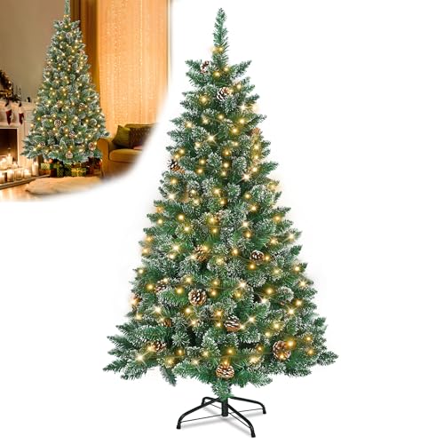 YRHome 210cm Künstlicher Weihnachtsbaum mit Beleuchtung Grün PVC mit Schnee-Effekt & Kiefernzapfen LED PVC Christbaum Tannenbaum Dekobaum mit ständer Weihnachtsdeko für Weihnachten Dekoration von YRHome