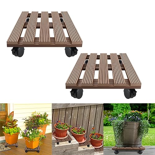 YRHome WPC Pflanzenroller Eckig 30x30cm 100kg Rollbrett Pflanzen für Innen- sowie Außenbereich Blumenroller Blumentopf Untersetzer mit Rollen witterungsbestaendig Transporthilfe für Pflanzen Braun von YRHome