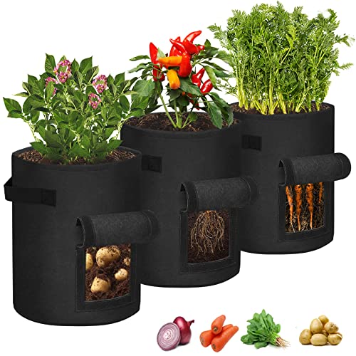 YRHome 3 Stück Pflanztasche Kartoffeln Pflanzen Tasche 10 Gallonen Pflanzsack Kartoffelsack Pflanzbeutel Vliesstoff Tomaten Pflanztopf mit Klettfenster Griffen für Blumen Kartoffeln Pflanzen Schwarz von YRHome