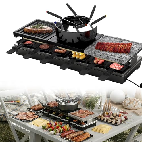 YRHome 3-in-1 Raclette-Grill & Fonduelette für 12 Personen Raclette-Tischgrill mit Naturstein- und Antihaft-Grillplatte 1650W 3 separate Edelstahl-Heizelemente Party Grill für Käse Fleisch & Crêpes von YRHome