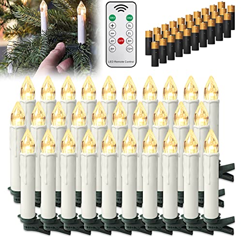 YRHome 30 Stück LED Kerzen Weihnachtskerzen Batterien Kabellos Warmweiß Lichterkette Dimmbar Kerzenlichter Flammenlose mit Fernbedienung Timer & Clips für Weihnachtsbaum Weihnachtsdeko Hochzeit Party von YRHome