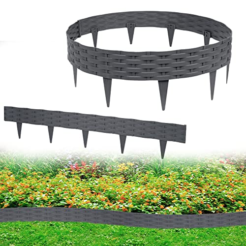 YRHome 30m Rasenkante Beeteinfassung Beetumrandung Gartenpalisade mit 30 Elemente á 100 cm Kunststoff Rattan Design Beetzaun Weidezaun Palisaden Biegbarer UV-beständig Wetterfest Erdspieß Anthrazit von YRHome