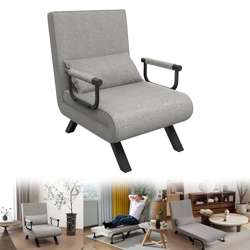 YRHome 3in1 Schlafsessel mit Bettfunktion & Armlehne & Kopfkissen Schlafsofa Verstellbare Rückenlehne Bis 200kg Klappsessel liegesessel Relaxsessel Klappbett Sofabett Wohnzimmer Balkon Hellgrau von YRHome