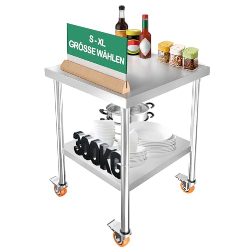 YRHome 4 Räder Edelstahl Arbeitstisch Küche Höhenverstellbar Mobile Doppelschicht Werkbank Grillwagen BIS 300KG Edelstahltisch Für Restaurant Schule Campingparty - XL - 85x 76x 60cm (LxBxH) von YRHome