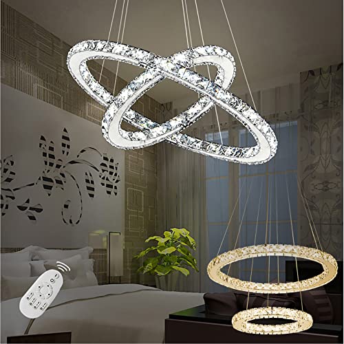 YRHome 48W LED Kristall Design Dimmbar Hängelampe Deckenlampe Kreative Kronleuchter Pendelleuchte Hängeleuchte Zwei Ringe Lüster von YRHome