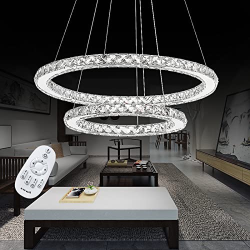 YRHome 48W LED Kristall Design Hängelampe Deckenlampe Hängeleuchte Dimmbar Kronleuchter Pendelleuchte Höhenverstellbar Kronleuchter Kronleuchter Esszimmer Wohnzimmer Moderne Zwei Ringe von YRHome