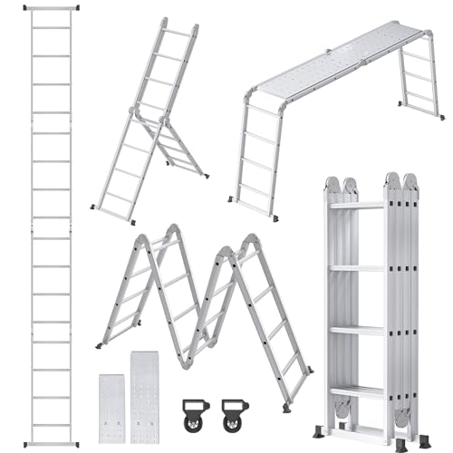 YRHome 6 in 1 Leiter Mehrzweckleiter Alu Gelenkleiter Klappleiter Steigleiter 470cm Multifunktionsleiter Aluleiter Stehleiter Kombileiter mit Plattformbis 150KG belastbar 4x4 Stufen Silber von YRHome