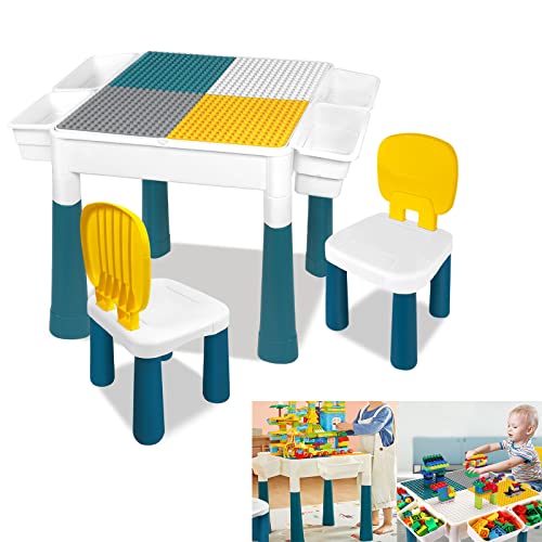YRHome 6-in-1 Kindertisch Stuhl Set mit 2 Stühle und163 Bausteinen Multifunktionaler Lern- und Spieltisch Aktivitätstisch Set Kindertisch Basteltisch mit Aufbewahrung für Jungen und Mädchen Geschenk von YRHome