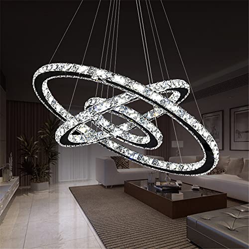 YRHome 96W LED Kristall Design Hängelampe Deckenlampe Hängeleuchte Kaltweiß Kronleuchter Pendelleuchte Höhenverstellbar Kronleuchter Kronleuchter Esszimmer Wohnzimmer Moderne Drei Ringe von YRHome