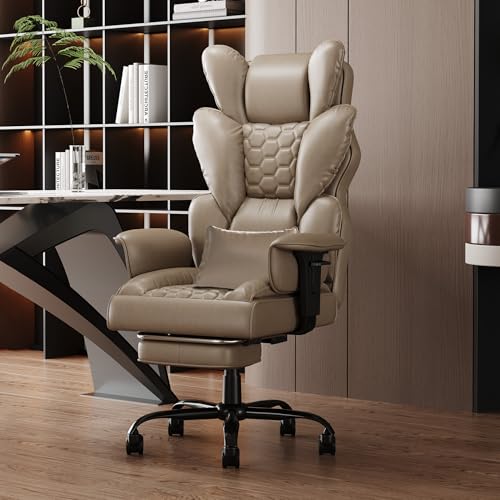 YRHome Chefsessel Bürostuhl Ergonomisch Mit Lordosenstütze, Verstellbaren Armlehnen,Kopfstütze PU Bürodrehstuhl 150° Wippfunktion bis 150KG für Executive Büro, Home Office,Studien -Khaki von YRHome