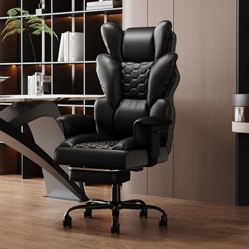 YRHome Chefsessel Bürostuhl Ergonomisch Mit Lordosenstütze, Verstellbaren Armlehnen,Kopfstütze PU Bürodrehstuhl 150° Wippfunktion bis 150KG für Executive Büro, Home Office,Studien -Schwarz von YRHome