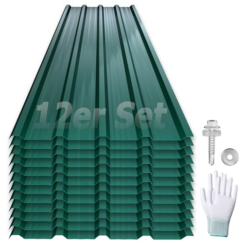 YRHome 12er Dachbleche Trapezblech 129,5x45cm Stahlblech Formblech Platten Dachplatten Wetterfest Wellblechplatten Verzinkter Stahl für Garagen Dach inkl. Schrauben und Handschuhe - Typ A Grün von YRHome