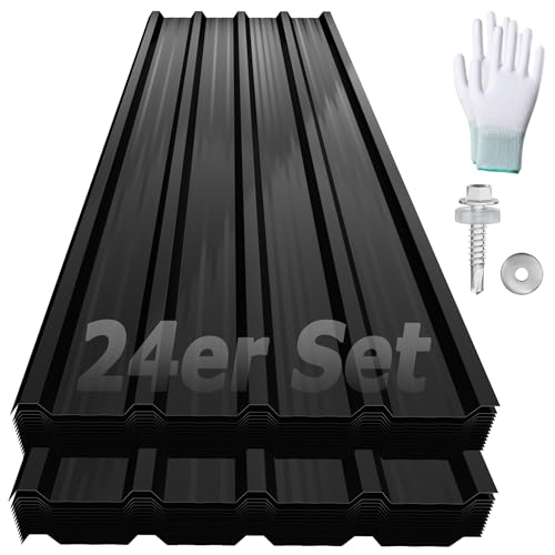 YRHome 24er Dachbleche Trapezblech 129,5x45cm Stahlblech Formblech Platten Dachplatten Wetterfest Wellblechplatten Verzinkter Stahl für Garagen Dach inkl. Schrauben und Handschuhe - Typ A Schwarz von YRHome