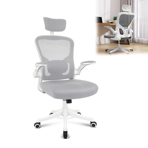 YRHome Ergonomisch Bürostuhl Drehstuhl Office Chair mit Kopfstütze und Drehfunktion bis 150kg Höhenverstellbar Schreibtischstuhl Grau von YRHome