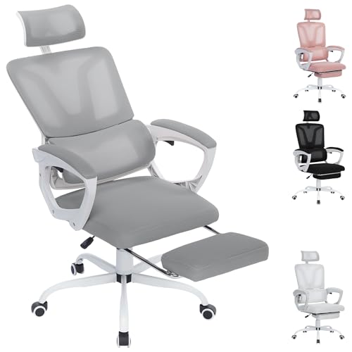 YRHome Ergonomisch Bürostuhl aus Mesh Ergonomischer Schreibtischstuhl mit Fußstütze & 135° Liegefunktion Büro Stuhl mit Verstellbarer Kopfstütz & 360° Rollen Computerstuhl Bis 150KG - Grau von YRHome
