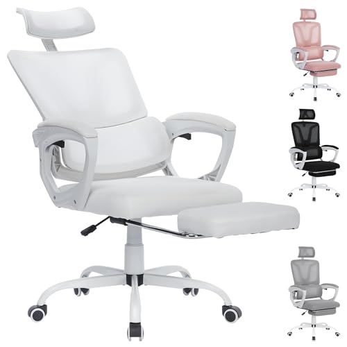 YRHome Ergonomisch Bürostuhl aus Mesh Ergonomischer Schreibtischstuhl mit Fußstütze & 135° Liegefunktion Büro Stuhl mit Verstellbarer Kopfstütz & 360° Rollen Computerstuhl Bis 150KG - Hellgrau von YRHome