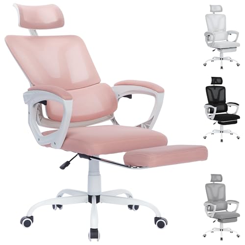 YRHome Ergonomisch Bürostuhl aus Mesh Ergonomischer Schreibtischstuhl mit Fußstütze & 135° Liegefunktion Büro Stuhl mit Verstellbarer Kopfstütz & 360° Rollen Computerstuhl Bis 150KG - Rosa von YRHome