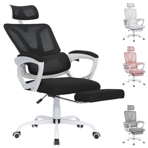 YRHome Ergonomisch Bürostuhl aus Mesh Ergonomischer Schreibtischstuhl mit Fußstütze & 135° Liegefunktion Büro Stuhl mit Verstellbarer Kopfstütz & 360° Rollen Computerstuhl Bis 150KG - Schwarz von YRHome