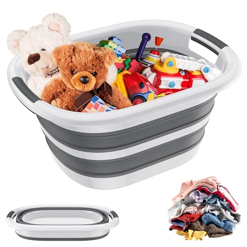 YRHome Faltbarer Wäschekorb Plastik Wäschekorb Grau aus Kunststoff Aufbewahrungsbehälter Waschbehälter Tragbarer Wäschewanne Weiß Laundry Baskets mit Griff für Waschküche Badezimmer - 26L - 53x38x23cm von YRHome
