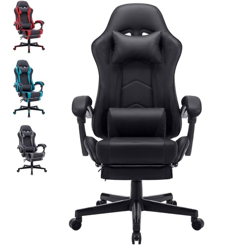 YRHome Gaming Stuhl Ergonomisch Bürostuhl Höhenverstellbar Racing Gamer Stuhl Ergonomisch mit Kopfkissen, Lendenkissen, Armlehnen & Fußstütze, 90°-155° verstellbar Rückenlehne, 360° drehbar (Schwarz) von YRHome