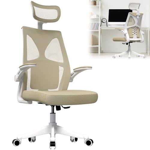 YRHome Khaki Ergonomisch Bürostuhl Computerstuhl Schreibtischstuhl mit Verstellbarer Kopfstütze, Armlehnen, Lordosenstütze, Höhenverstellung und Neigungsfunktion von 90° bis 130° für Büro Home von YRHome