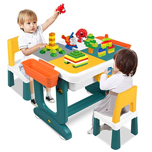 YRHome Kindertisch Spieltisch Aktivitätstisch mit 2 Stühle, 300 Stück Bausteine Multi Aktivitätstisch Set Multifunktionaler Aktivitätstischf für Kinder Baustein Tisch Basteltisch Set für Kinderzimmer von YRHome