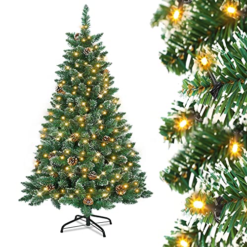 YRHome Künstlicher Weihnachtsbaum Künstlicher mit LED Beleuchtung Tannenbaum Christbaum Weihnachtsbäume 180cm Grün PVC mit Schnee-Effekt mit Kiefernzapfen lluminated mit Lichterkette inkl. Ständer von YRHome