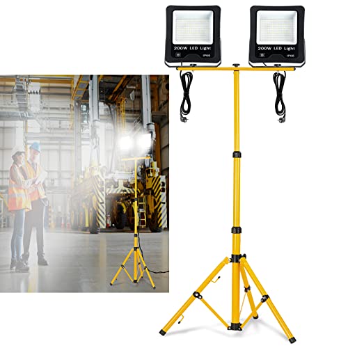 YRHome LED Fluter Baustrahler Flutlicht 2x 200W Kaltweiß Warmweiß Wasserdicht IP66 Arbeitsscheinwerfer Scheinwerfer mit Stativ und 3M Kabel Außenbereich Garten Garage von YRHome