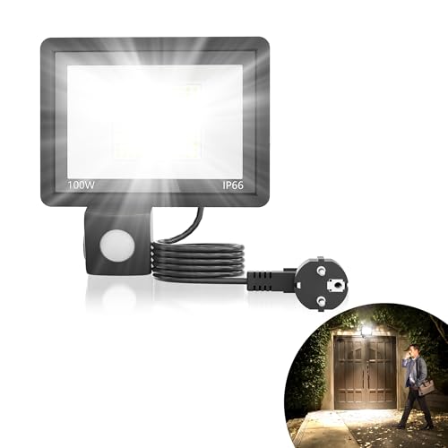 YRHome LED Strahler mit Bewegungsmelder 100W 3500LM Superhell Aussenlampe Fluter Außenleuchte Scheinwerfer Licht IP66 Wasserdicht Außenbeleuchtung für Garage Innenhöfe - Kaltweiß mit 1.5m Stecker YRHome LED Strahler mit Bewegungsmelder 100W 3500LM Superhell Aussenlampe Fluter Außenleuchte Scheinwerfer Licht IP66 Wasserdicht Außenbeleuchtung für Garage Innenhöfe - Kaltweiß mit 1.5m Stecker von YRHome