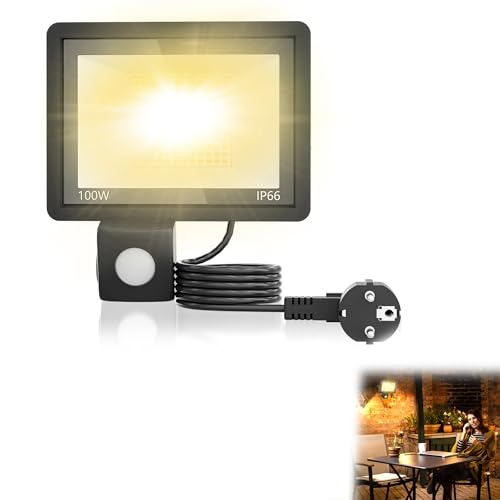 YRHome LED Strahler mit Bewegungsmelder 100W 3500LM Superhell Aussenlampe Fluter Außenleuchte Scheinwerfer Licht IP66 Wasserdicht Außenbeleuchtung für Garage Innenhöfe - Warmweiß mit 1.5m Stecker von YRHome