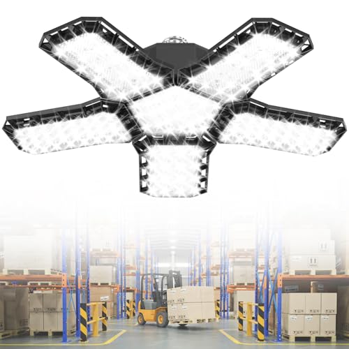 YRHome LED Werkstattlampe Faltbare Werkstatt Deckenleuchte Kaltweiß 6500K Garagenlampe Verformbare Deckenlampe Garagenleuchten E26/E27 für Lager Werkstatt - mit 4 Verstellbaren Paneelen - 60W - 1 PCS von YRHome