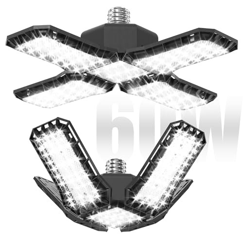 YRHome LED Werkstattlampe Faltbare Werkstatt Deckenleuchte Kaltweiß 6500K Garagenlampe Verformbare Deckenlampe Garagenleuchten E26/E27 für Lager Werkstatt - mit 4 Verstellbaren Paneelen - 60W - 2 PCS von YRHome