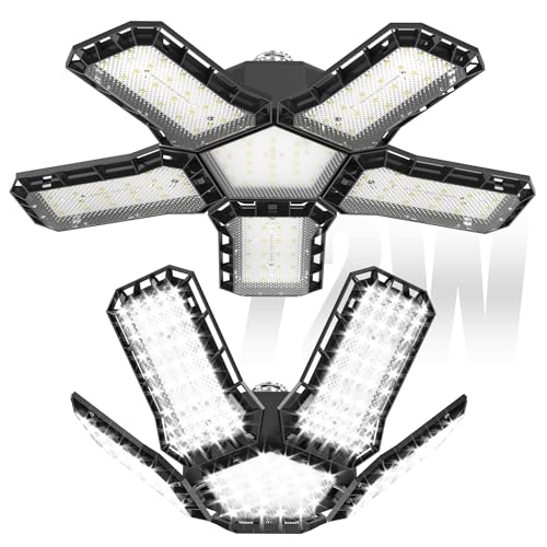 YRHome LED Werkstattlampe Faltbare Werkstatt Deckenleuchte Kaltweiß 6500K Garagenlampe Verformbare Deckenlampe Garagenleuchten E26/E27 für Lager Werkstatt - mit 5 Verstellbaren Paneelen - 72W - 2 PCS von YRHome