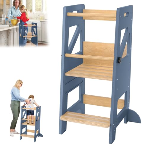 YRHome Lernturm Höhenverstellbar aus Holz mit Doppelter Sicherheitsbarriere - Rutschfester Trittschemel bis 60kg, ab 1 Jahr - Einfache Montage - Grau von YRHome