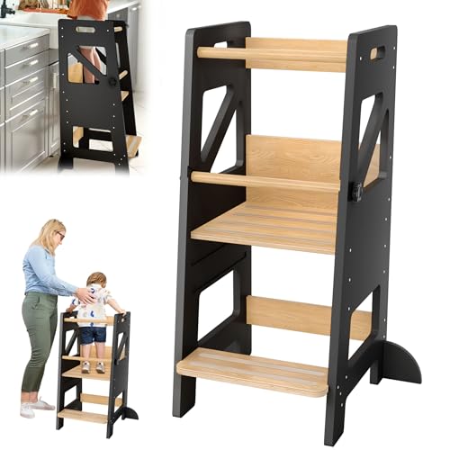 YRHome Lernturm Höhenverstellbar aus Holz mit Doppelter Sicherheitsbarriere - Rutschfester Trittschemel bis 60kg, ab 1 Jahr - Einfache Montage - Schwarz von YRHome