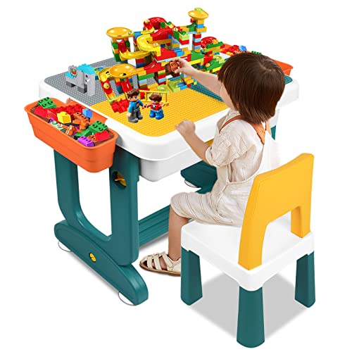 YRHome Multifunktionaler Kindertisch mit 2 Stühle Spieltisch Doppelseitiger Aktivitätstisch 300 Stück Bausteine Kinder Tisch Stuhl Set für Kinderzimmer von YRHome