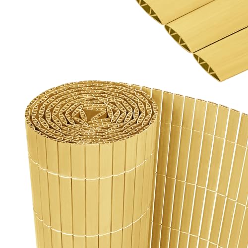 YRHome PVC Sichtschutzmatte 90x300cm Stabile W-Form Sichtschutzzaun Balkon Balkonsichtschutz Sichtschutz mit Kabelbindern Windschutz Wetterfest UV-beständig für Garten Terrasse, Bambus von YRHome