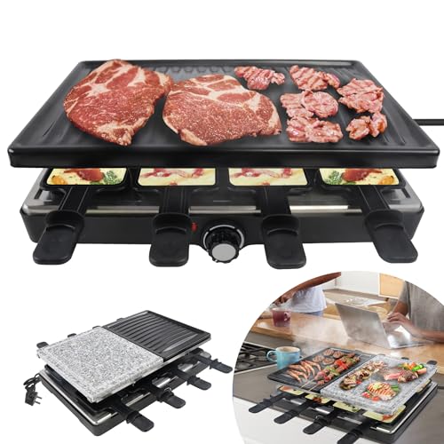 YRHome Raclette Grill für 8 Personen Multi-Grill mit Steinplatte und Grillplatte 1400W Tischgrill- 8 Pfannen und Holzspatel Stufenlos Regulierbare Temperatur Elektrogrill für Indoor Grillgut von YRHome