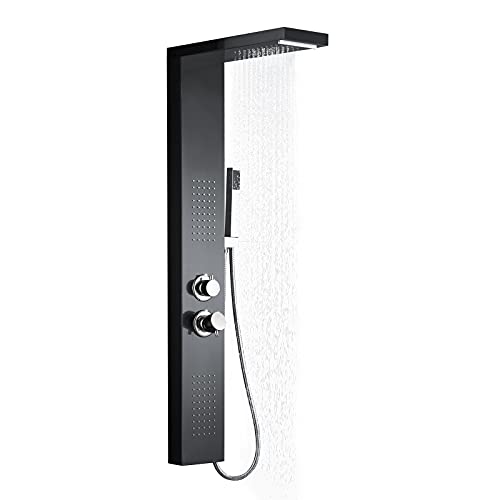 YRHome Regendusche Duschpaneel 4 Funktionen Duschsystem Regendusch System Dusche Komplett 304 Gebürstet Edelstahl Duscharmatur mit Regendusche, Handbrause, Wasserfalldusche& Massagedusche Mattschwarz von YRHome