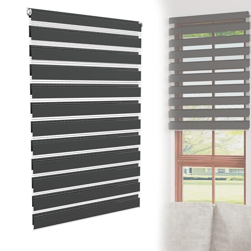YRHome Schwarz Doppelrollo Klemmfix ohne Bohren B90 x H150 cm Klemmrollo Zebrarollo Fensterrollo Seitenzugrollo für Fenster & Türen mit Seitenzug Sonnenschutz UV-Schutz Privatschutz lichtdurchlässig von YRHome