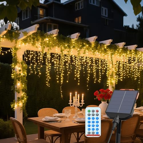 YRHome 5m 200 LEDs Solar Lichterkette Eisregen mit Fernbedienung - 13 Modi, Timer & Speicherfunktion! Erschaffen Sie magische Atmosphäre für Weihnachten, Garten, Hochzeit und Halloween von YRHome