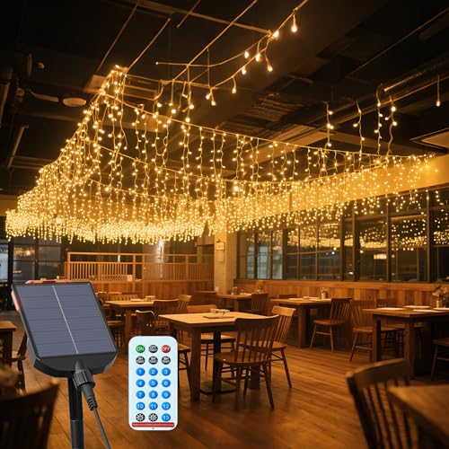 YRHome Solar Eisregen-Lichterkette Außen 5m, 200 LEDs mit Fernbedienung - 13 Modi, Timer & Speicherfunktion - Wasserdichte Solar Weihnachtsbeleuchtung für Garten, Weihnachten, Hochzeit von YRHome