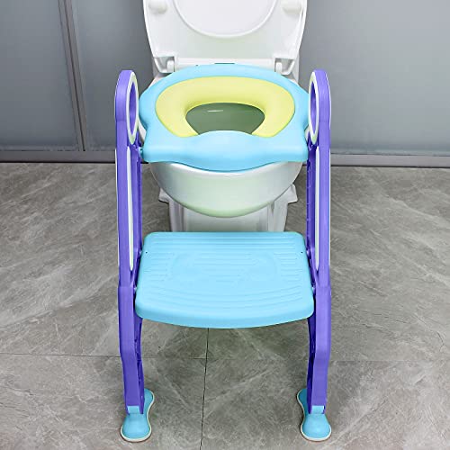 YRHome Toilettentrainer Toilettensitz Kinder mit Treppe Faltbar Töpfchentrainer Höhenverstellbar WC Trainer mit PU Gepolstert Kissen und Griffen Töpfchen - Blau und Lila von YRHome