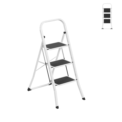 YRHome Trittleiter 3 Stufen mit Handlauf Tritthocker Klapptrittleiter Haushaltsleiter Stehleiter – Stabil, Extrabreite Tritte, Einfach Klappbar, Max. 150kg für Haushalt & Büro (Schwarz/Weiß) von YRHome