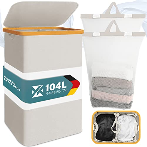 YRHome Wäschekorb 2 Fächer mit Deckel wäschesammler Faltbare Wäschebox Wäschesortierer 2 Herausnehmbare Wäschesäcke und verbessertes Deckeldesign für Bad und Schlafzimmer (Typ B 104L, Beige) von YRHome