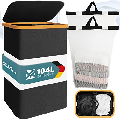 YRHome Wäschekorb 2 Fächermit Deckel wäschesammler Faltbare Wäschebox Wäschesortierer 2 Herausnehmbare Wäschesäcke und verbessertes Deckeldesign für Bad und Schlafzimmer (Typ B 104L, Schwarz) von YRHome