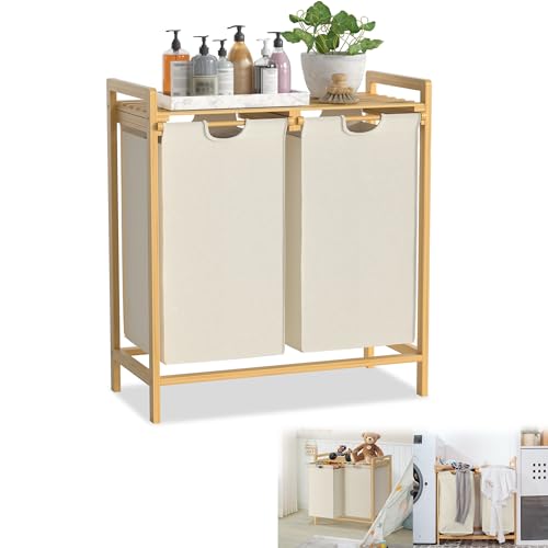YRHome Wäschekorb Bambusrahmen 2 Fächer 36L 73 x 64 x 33,5cm Wäschesammler mit Ablage Wäschesack Wäschebox aus Oxford-Gewebe Wäschesortierer Holz Wäschesäcken für Waschküche Schlafzimmer - Beige YRHome Wäschekorb Bambusrahmen 2 Fächer 36L 73 x 64 x 33,5cm Wäschesammler mit Ablage Wäschesack Wäschebox aus Oxford-Gewebe Wäschesortierer Holz Wäschesäcken für Waschküche Schlafzimmer - Beige von YRHome