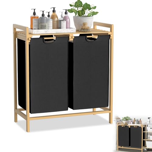 YRHome Wäschekorb Bambusrahmen 2 Fächer 36L 73 x 64 x 33,5cm Wäschesammler mit Ablage Wäschesack Wäschebox aus Oxford-Gewebe Wäschesortierer Holz Wäschesäcken für Waschküche Schlafzimmer - Schwarz von YRHome